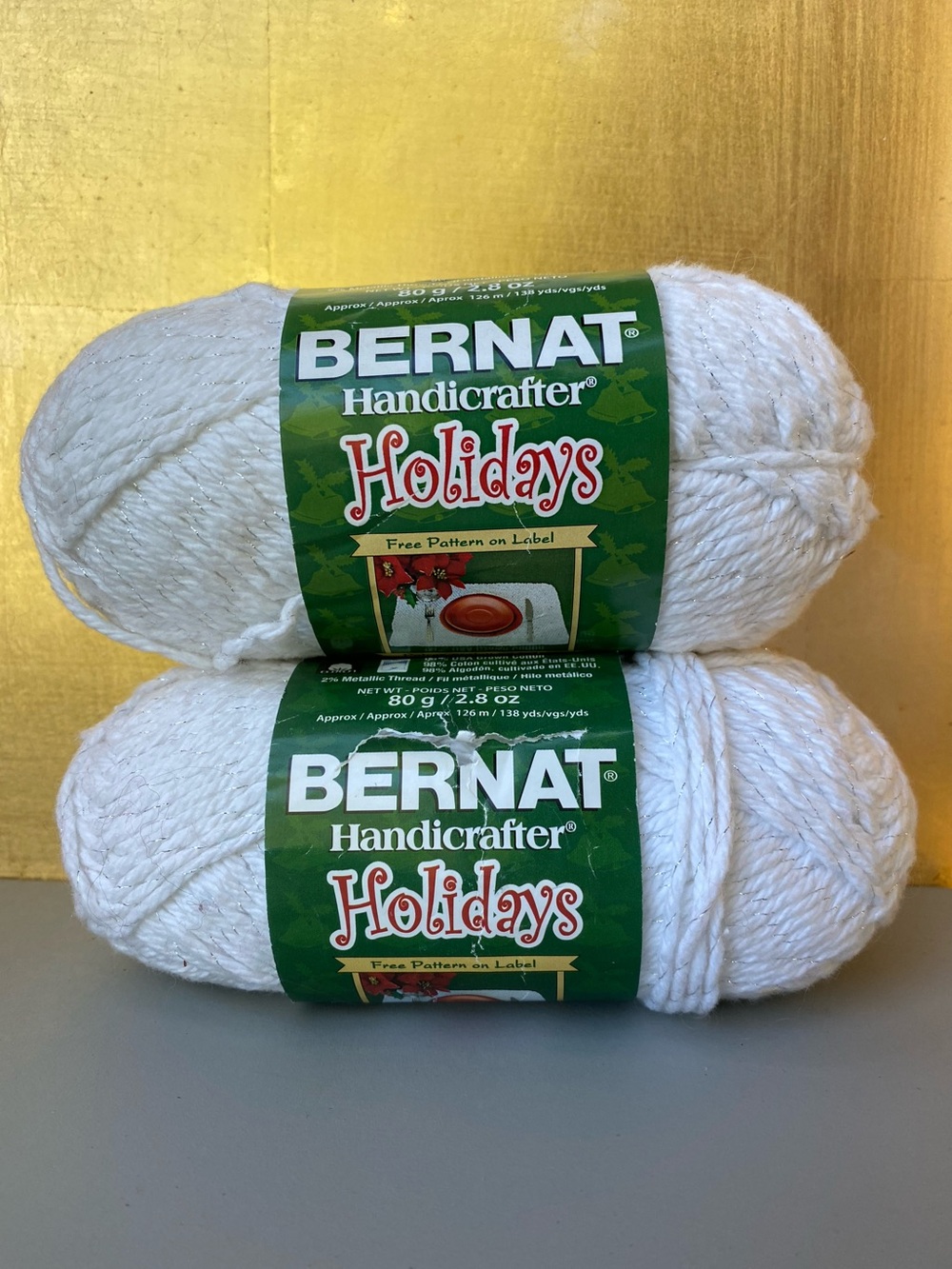 2 NWT Bernat Handicrafter Holidays Yarn. 98% White Cotton, 2% Silver Metallic